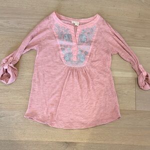 Anthropologie Meadow Rue Blush Pink 3/4 Sleeve Women’s Top w/ Silver Embroidery